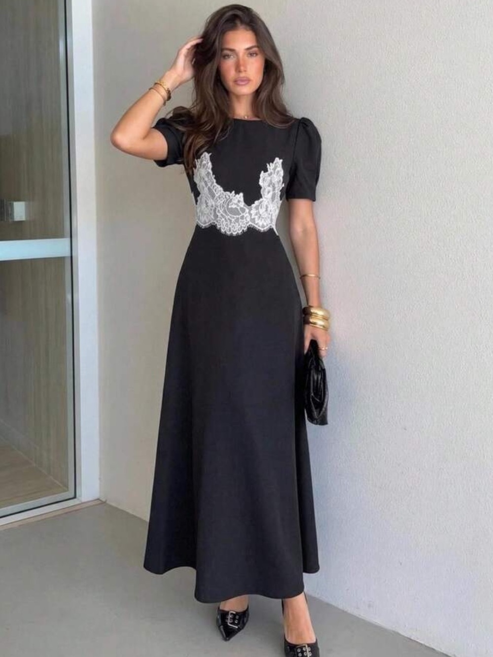 Elegant Black Maxi Dress with White Lace Detail